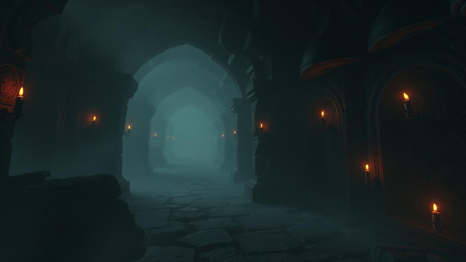 Placeholder art: candlelit catacomb corridor lined with carved tombs