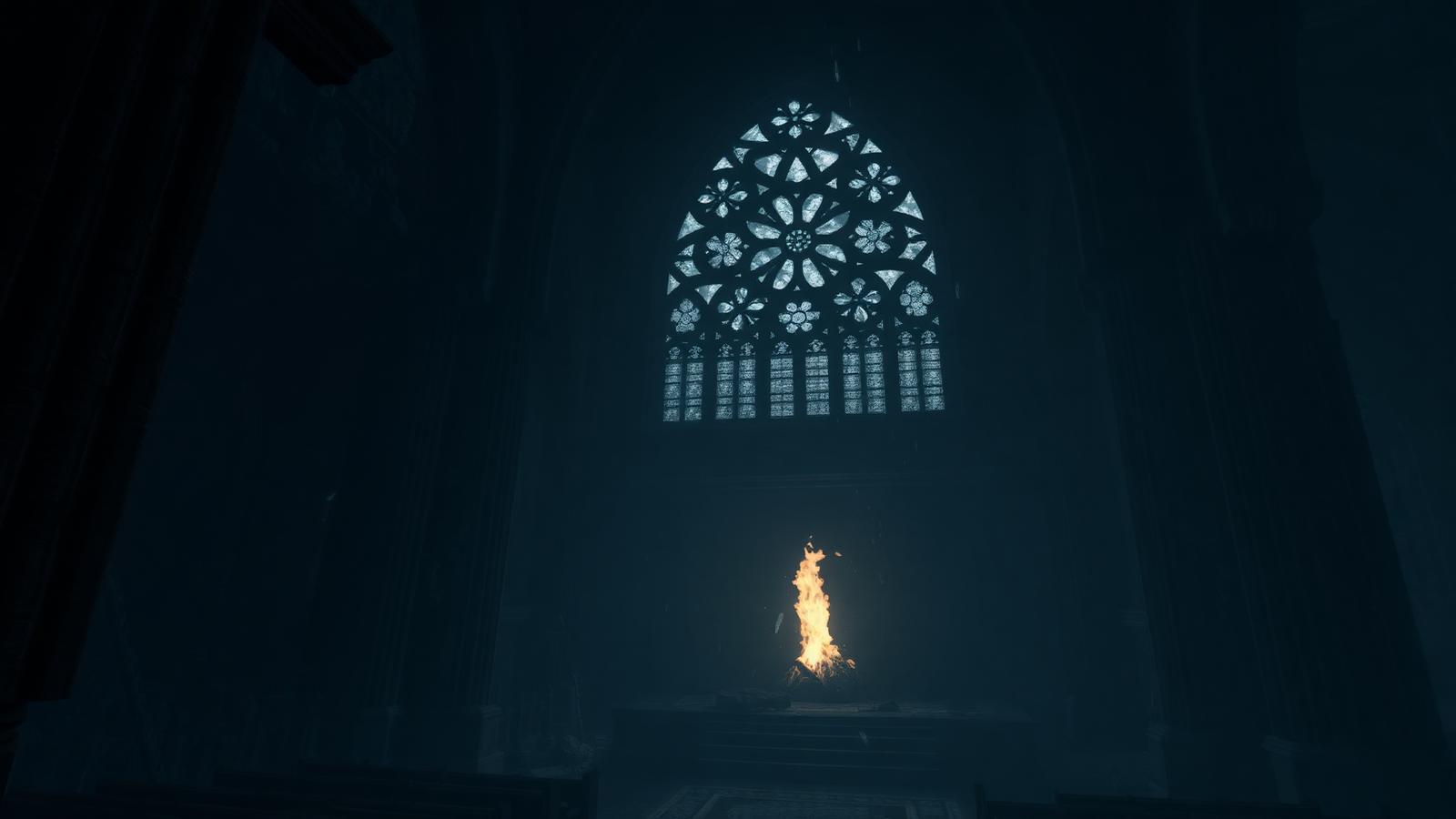 Placeholder art: ruined cathedral interior with a single ember fire at the altar