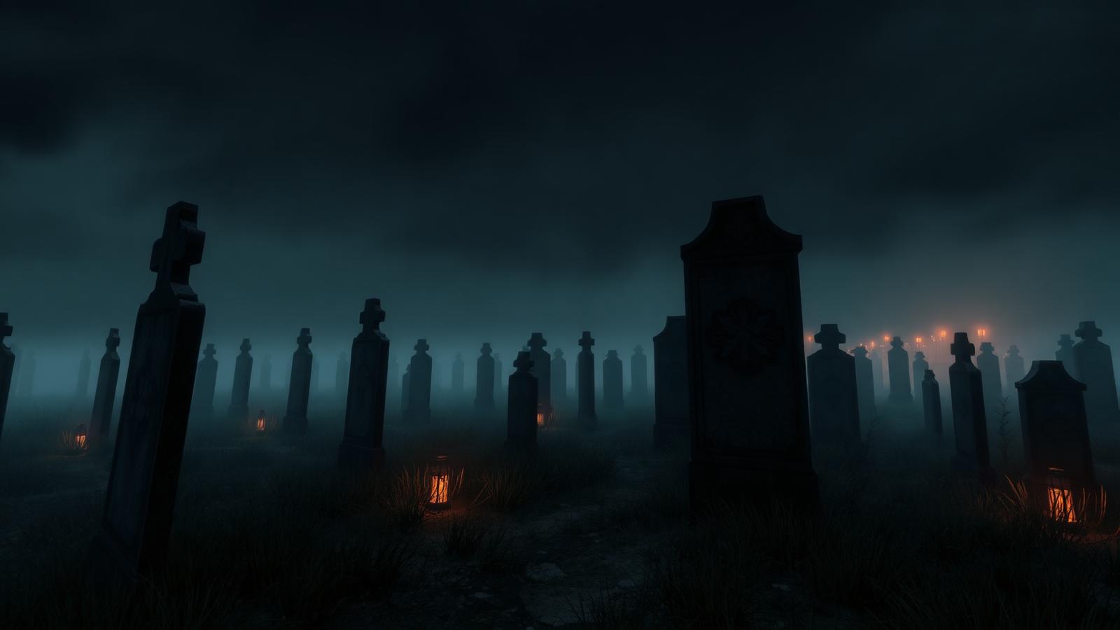 Placeholder art: fog-drowned moor of tilted gravestones under a black sky