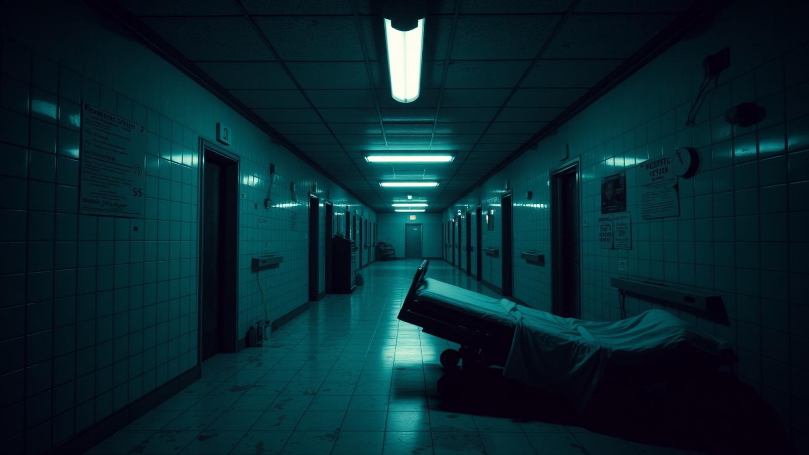Trailer poster frame: a deserted hospital corridor under failing lights