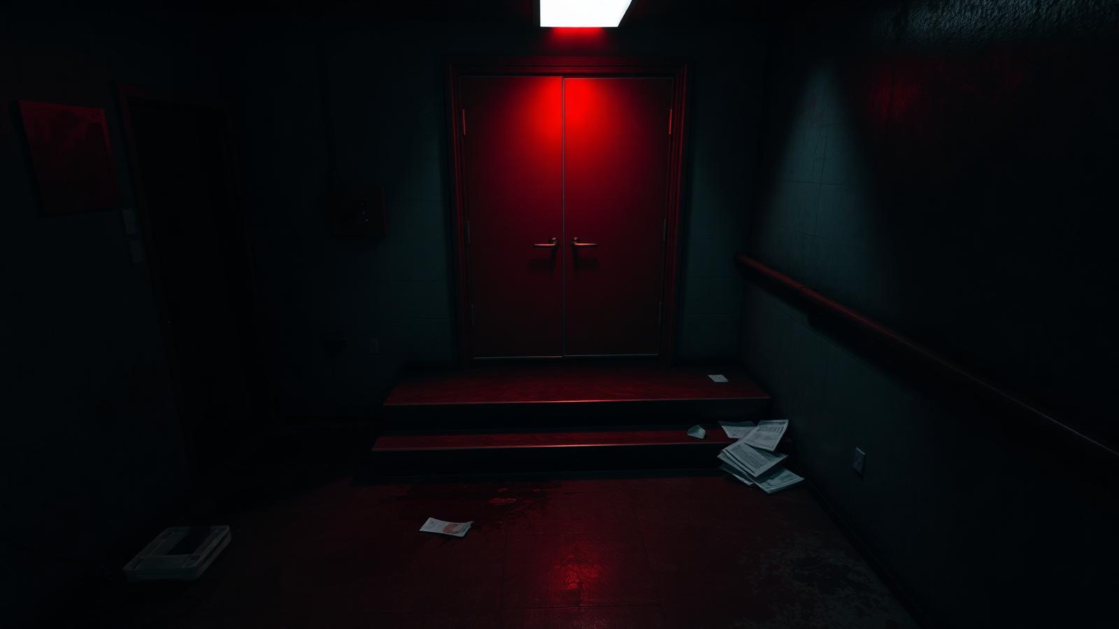Placeholder screenshot: a basement stairwell behind sealed fire doors under red emergency light