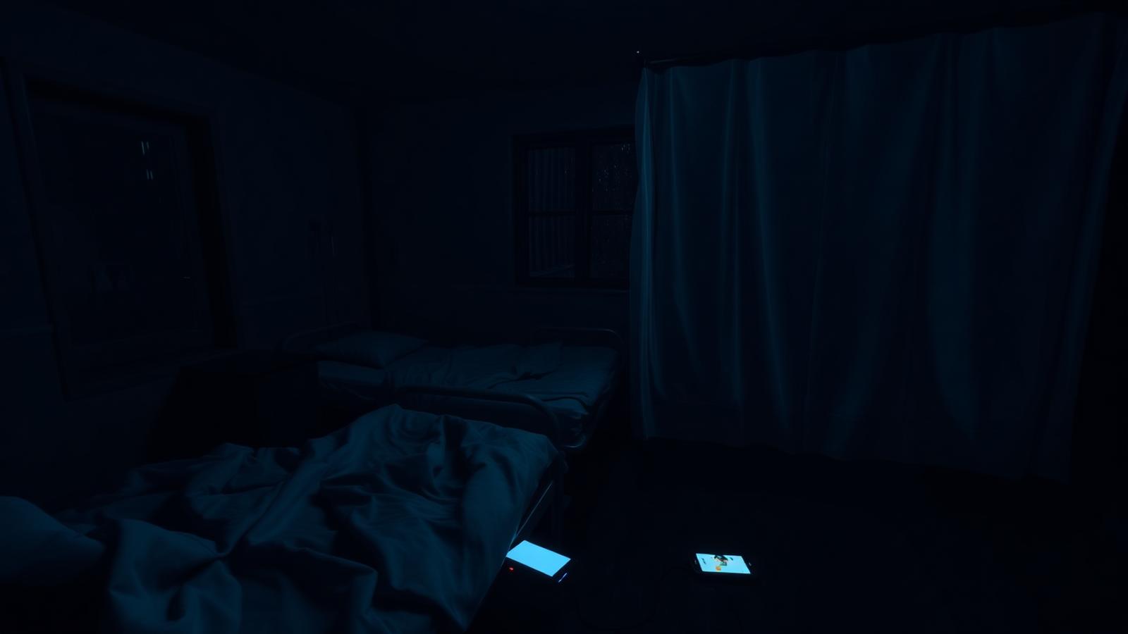 Placeholder screenshot: a darkened ward with empty beds and a MedLink glowing on the floor